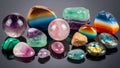 A variety of polished and rough gemstones are displayed against a dark Royalty Free Stock Photo