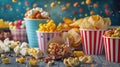 A variety of popcorn and other snacks on a table, great for parties or gatherings Royalty Free Stock Photo