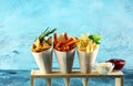 Variety of potatoes with fries. potato wedges, french fries, sweet potato for lunch on table Royalty Free Stock Photo