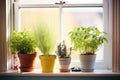 variety of potted herbs on sunny windowsill Royalty Free Stock Photo