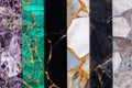 A variety of precious stones. Black Obsidian, Amethyst, Malachite, Agate, Smoky Quartz, Petrified wood. Collectionor set Royalty Free Stock Photo