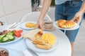 Variety of prepared meals are served on the table during breakfast at the hotel. Sausage omelet and croissants Royalty Free Stock Photo