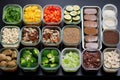 variety of prepped meals in glass containers on a refrigerator shelf