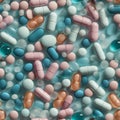 A Variety of Prescription Pills and Drugs Seamless Tile Overhead Photo - Generative AI
