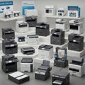 A variety of printers and multifunction devices are displayed on tiered platforms. They Royalty Free Stock Photo