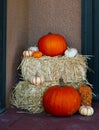 Variety of Pumpkins on Hay Bales - Halloween Royalty Free Stock Photo