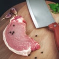 Variety of raw beef meat steaks for grilling on kitchen cutting board with ingredients for cooking