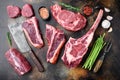 Variety of Raw Black Angus Prime meat steaks, tomahawk, t bone, club steak, rib eye and tenderloin cuts, on old dark rustic Royalty Free Stock Photo