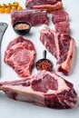 Variety of Raw Black Angus Prime meat steaks, tomahawk, t bone, club steak, rib eye and tenderloin cuts, on white stone Royalty Free Stock Photo