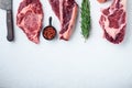 Variety of Raw Black Angus Prime meat steaks, tomahawk, t bone, club steak, rib eye and tenderloin cuts, on white stone Royalty Free Stock Photo