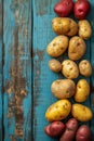 Variety of raw potatoes on a rustic blue wooden background Royalty Free Stock Photo