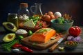 Variety of rustic mediterranean healthy foods on table Royalty Free Stock Photo