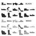 A variety of shoes black icons in set collection for design. Boot, sneakers vector symbol stock web illustration.