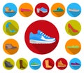 A variety of shoes flat icons in set collection for design. Boot, sneakers vector symbol stock web illustration.