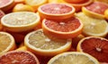 Variety of sliced citrus fruits on white background. Close-up Grapefruit slices abstract background. Bright summer texture. Juicy Royalty Free Stock Photo