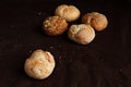 Variety of small breads with seeds isolated on black background