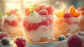 A variety of small cups filled with desserts, each topped with fresh fruit. Royalty Free Stock Photo