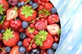 Variety of soft fruits, strawberries, raspberries, cherries, blueberries, currants Royalty Free Stock Photo