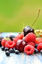 Variety of soft fruits, strawberries, raspberries, cherries, blueberries on table Royalty Free Stock Photo