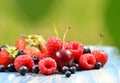 Variety of soft fruits, strawberries, raspberries, cherries, blueberries on table Royalty Free Stock Photo