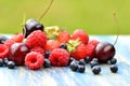 Variety of soft fruits, strawberries, raspberries, cherries, blueberries on table