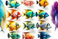 Variety of species of exotic fish of underwater world tropical fish isolated on white background