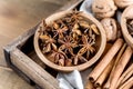 Variety of Spices Anise Stars Cinnamone Sticks Nuts Christmas Ingredients for Cake Above Royalty Free Stock Photo