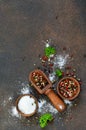 A variety of spices on a concrete background. Salt. Pepper.