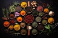 Variety of spices and herbs on black background. Top view, Colorful collection spices and herbs on background black table, AI Royalty Free Stock Photo