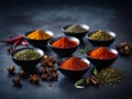 Variety of spices and herbs on kitchen table Royalty Free Stock Photo