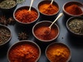 Variety of spices and herbs on kitchen table Royalty Free Stock Photo