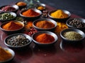 Variety of spices and herbs on kitchen table Royalty Free Stock Photo