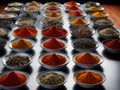 Variety of spices and herbs on kitchen table Royalty Free Stock Photo