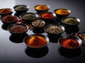 Variety of spices and herbs on kitchen table Royalty Free Stock Photo