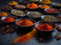 Variety of spices and herbs on kitchen table Royalty Free Stock Photo