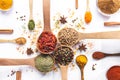 Variety of spices and herbs in spoons and bowls on white background. Top view. Cooking ingredients and condiments concept Royalty Free Stock Photo