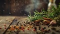 Variety of spices including star anise, rosemary sprigs, cinnamon sticks and assorted peppercorns on a dark background with copy-