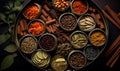 A variety of spices for Indian tea in metal cans, top view,