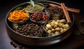 A variety of spices for Indian tea in metal cans,