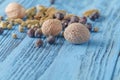 Variety of spices on kitchen table Royalty Free Stock Photo