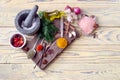 A variety of spices on a wooden table Royalty Free Stock Photo