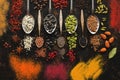 A variety of spices, seeds, nuts in spoons on a dark rustic background. Top view, flat lay Royalty Free Stock Photo