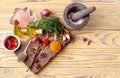A variety of spices on a wooden table Royalty Free Stock Photo