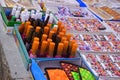 Variety of stylish, fashionable, diverse, colorful nail polishes on the road side shop in india