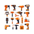Variety of stylized power drills and tools, flat design Royalty Free Stock Photo