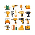 Variety of stylized power tools and construction elements collection Royalty Free Stock Photo