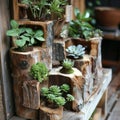 Rustic Log Planters with Succulents Royalty Free Stock Photo