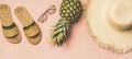 Variety of summer apparel items and fresh pinapple, wide composition Royalty Free Stock Photo