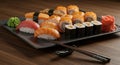 A variety of sushi is artfully arranged on a dark rectangular plate. Royalty Free Stock Photo