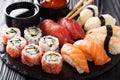 Variety of sushi food. nigiri, maki, uramaki and roll with tuna, salmon and shrimp. Asian food with raw fish and rice. horizontal Royalty Free Stock Photo